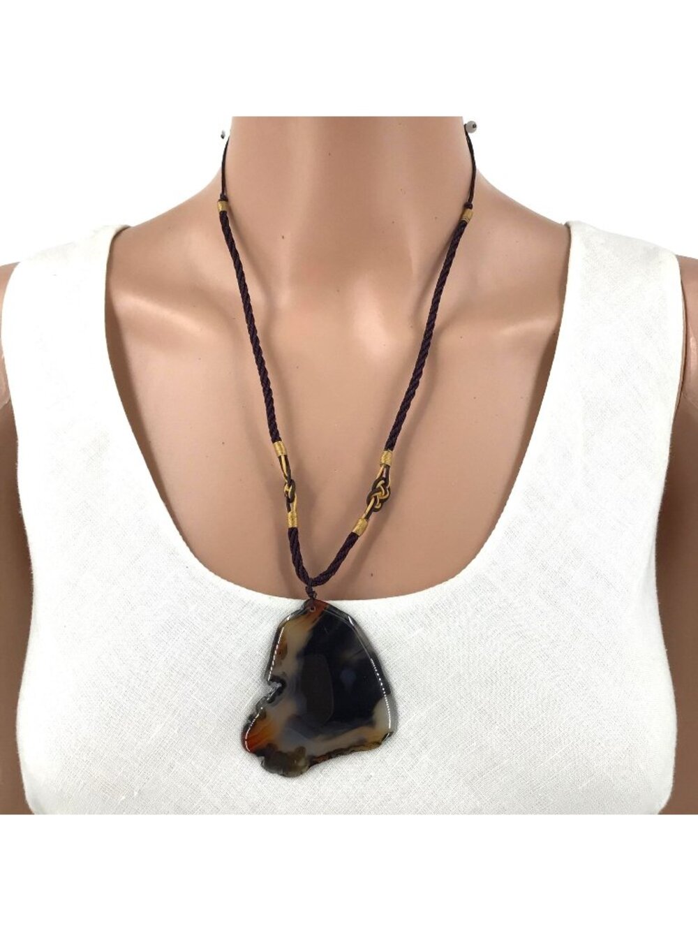 High Polish Natural Agate Pendant Necklace Asian Inspired Braided Chord Adjustab